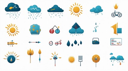 Poster - Set of stylized weather icons featuring sunny rainy cloudy and storm symbols with editable stroke outline in a flat vector pixel perfect 64x64 format ideal for use in digital applications