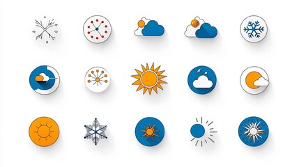 Poster - Set of Minimalist Weather Icons in Editable Outline Style Featuring Snowflake Sunshine and Cloud Shapes on Isolated White Background Suitable for User Interface or Mobile App Design