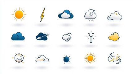 Poster - Comprehensive set of weather icons and symbols including thunder lightning clouds and sun in an editable stroke outline format designed for use in digital applications web interfaces