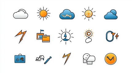 Poster - A set of minimalist weather icons with editable stroke outline designs featuring symbols for thunder lightning clouds and sun  These simple flat graphics are perfect for weather forecasting apps