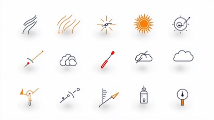 Poster - Set of simple and minimalist weather icons with editable outline symbols representing wind snow sun and clouds in flat design perfect for digital interfaces applications and infographics