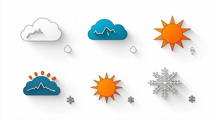 Poster - Flat icons showcasing different weather elements including cloud rain sun and snowflake featuring an editable outline style and pixel perfect 64x64 size on a clean white background