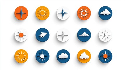 Poster - Elegant weather icons featuring editable stroke outlines for sun rain thunder and snow perfectly isolated on a minimal white background for use in weather forecast applications