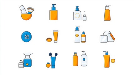Poster - Premium of a Collection of Editable Skincare Symbols with Clean Stroke Outlines Including Facial Wash Lotion and Toner in Flat Minimalist Style Isolated on White Background