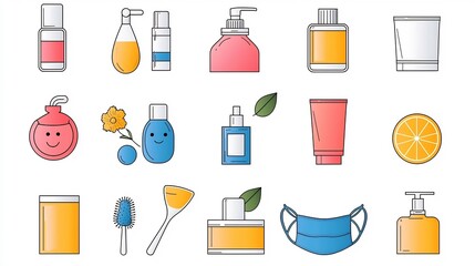 Fototapete - Pixel perfect Skincare Icons with Editable Stroke Outline for Masks Lotions Cleansers and Serums  Isolated on Clean White Background 64x64