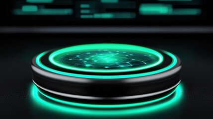 Poster - innovative technology with the futuristic green-illuminated button for enhanced digital interaction