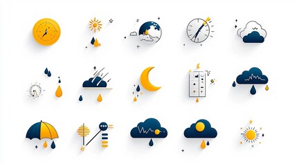 Poster - Set of flat minimalist icons for weather and meteorology elements like moon cloud and rain with editable outline style on clean white background