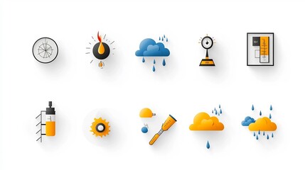 Poster - Flat icons for weather and meteorology with editable outline style featuring moon cloud and rain with a pixel perfect 64x64 design on a clean white background  These simple modern