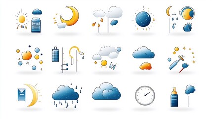 Poster - Editable Pixel Perfect Flat Weather and Meteorology Icons with Outline Style Featuring Moon Cloud and Rain on White Background