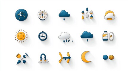 Poster - Set of flat icons representing weather and meteorology elements like moon cloud and rain with an editable outline style  Pixel perfect 64x64 icons on a clean white background