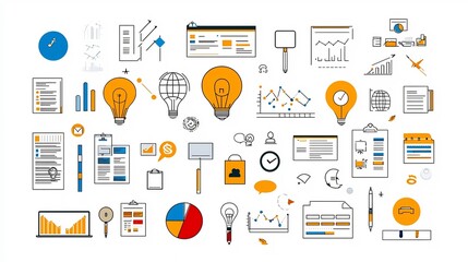 Fototapete - Editable outline icons set for business workflow task management and team Isolated on a clean white background with a pixel perfect 64 x 64 design
