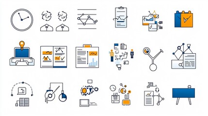 Aufkleber - Flat icons featuring team coordination task planning and reporting for business with editable outline style presented on a clean white background