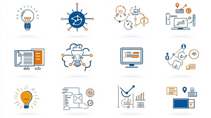 Aufkleber - Comprehensive set of business icons with symbols for workflow productivity decision making and scheduling  Editable stroke outline design perfect for use in corporate management