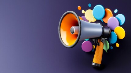 Leinwandbilder - Powerful 3D megaphone highlighted by vibrant speech bubbles radiating in a range of colors set against a solid dark purple background  This graphic conveys the concept of effective communication