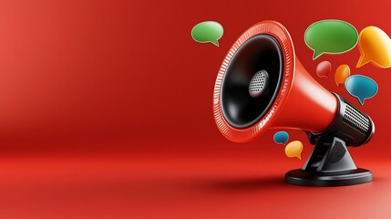 Leinwandbilder - Striking 3D rendered image of a megaphone with floating neon colored speech bubbles placed against a solid red background
