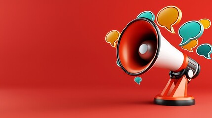 Leinwandbilder - Striking 3D megaphone design with dynamic floating speech bubbles in bright neon colors placed on a solid red background symbolizing dynamic communication and marketing concepts