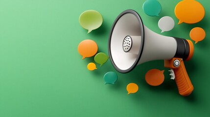Fototapete - Vibrant and modern 3D of a single megaphone with various sized speech bubbles in bright and colorful designs floating around on a vivid green background conveying the concept of communication