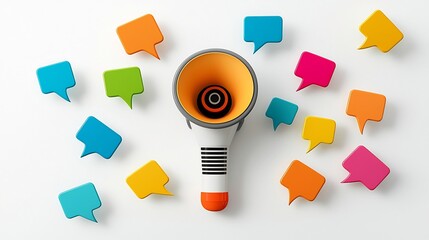 Aufkleber - Vibrant Speech Bubbles Surrounding a Powerful Megaphone Symbolizing Effective Influential and Impactful Communication and Messaging for Businesses Organizations and Brands