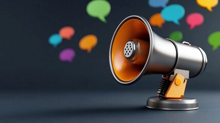 A metallic 3D megaphone with vibrant colorful speech bubbles floating around on a dark gray background symbolizing the power of impactful dialogue and effective communication