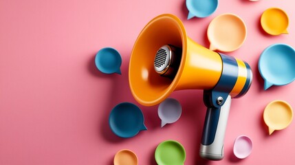 Aufkleber - Powerful 3D megaphone in the center surrounded by speech bubbles of varying colors and sizes scattered on a vibrant pink background representing strong communication and powerful messaging