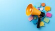 © NKCoolper - Powerful megaphone with an array of colorful speech bubbles of varying shapes and sizes radiating outward on a solid blue background representing the concept of powerful messaging communication