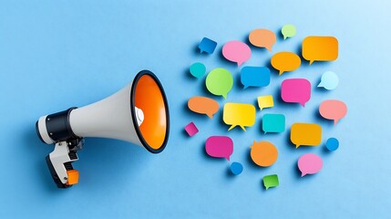 Leinwandbilder - Powerful messaging conveyed by a single megaphone with colorful speech bubbles of varying shapes and sizes radiating outward on a solid blue background