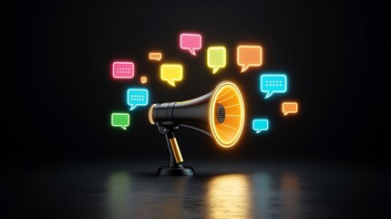 Fototapete - Powerful Megaphone Design with Vibrant Speech Bubbles Symbolizing the Strength of Expression on Solid Black Background