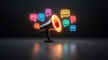 Leinwandbilder - Vibrant megaphone with glowing colorful speech bubbles on a sleek black background symbolizing the strength and power of expression communication and the ability to amplify one s voice and message