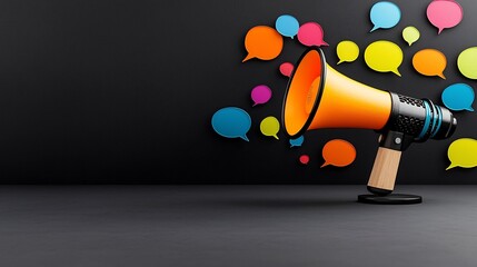 Leinwandbilder - Sleek modern megaphone with glowing colorful speech bubbles on a solid black background symbolizing the strength and power of expression communication and broadcasting