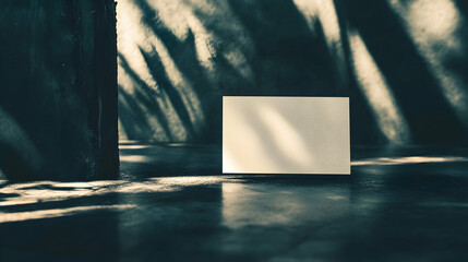 Wall Mural - A blank white card stands upright on a concrete floor with shadows from a window behind it.