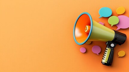 Aufkleber - Powerful megaphone with radiant speech bubbles in vibrant colors floating on a solid orange background symbolizing bold and impactful communication