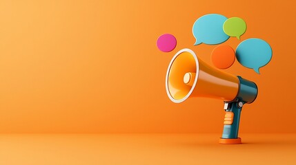 Leinwandbilder - Powerful megaphone with radiant speech bubbles floating on a solid orange background symbolizing the bold impactful and attention grabbing nature of communication and messaging