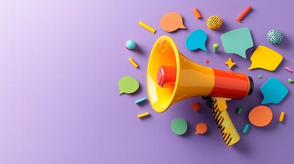 Aufkleber - A dynamic megaphone with vibrant speech bubbles swirling around it on a rich purple background representing the power of effective communication and amplification of messages