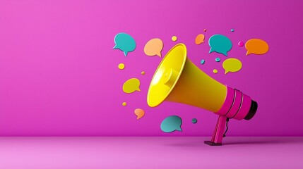 Leinwandbilder - Dynamic megaphone icon with vibrant colorful speech bubbles swirling around it set against a rich purple background symbolizing the power of effective communication promotion and outreach