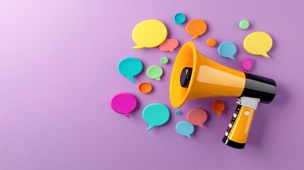 Leinwandbilder - Vibrant and dynamic megaphone with colorful speech bubbles swirling around it representing the concept of effective communication broadcasting and impactful messaging on a rich purple background