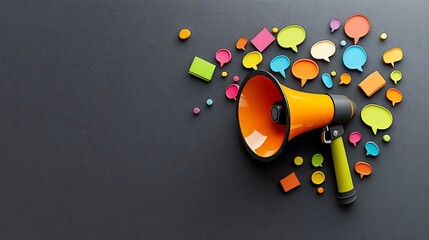 Leinwandbilder - Powerful megaphone emitting vibrant dynamic speech bubbles on a dark gray background symbolizing impactful and attention grabbing messaging for advertising marketing or communication concepts