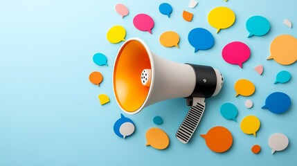 Leinwandbilder - Vibrant 3D megaphone surrounded by a lively assortment of colorful speech bubbles on a soft blue background symbolizing energetic the power of expression