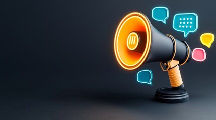 Aufkleber - Vibrant 3D Megaphone with Neon Colored Speech Bubbles Surrounding it on a Dark Navy Background Symbolizing Powerful and Impactful Communication and Messaging