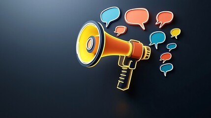 Aufkleber - Neon Colored 3D Megaphone with Speech Bubbles Surrounding It on a Dark Navy Background Symbolizing Bold and Effective Messaging for Marketing Branding and Product Launches