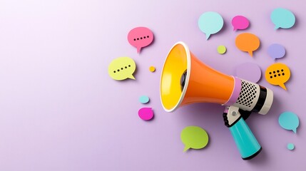 Poster - Powerful communication symbolized by a vibrant and colorful megaphone with floating speech bubbles in a striking purple background  The image represents the concept of amplifying messages