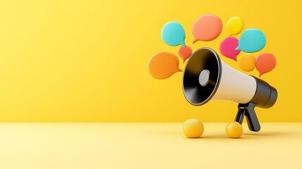 Leinwandbilder - Sleek megaphone with glowing speech bubbles in vibrant colors floating on a solid yellow background showcasing the impact and power of effective communication promotion and public speaking