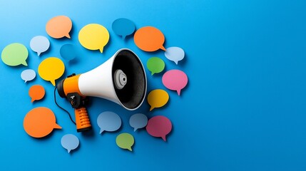 Aufkleber - Vibrant megaphone surrounded by colorful speech bubbles on a deep blue background symbolizing the power of impactful and lively messaging for marketing advertising and digital communication