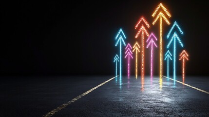 Fototapete - Striking visual of bright vivid beams of light in various colors forming upward pointing arrow shapes against a dynamic energetic abstract black background creating a captivating futuristic