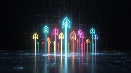 Leinwandbilder - Elegant and futuristic glowing arrows made from vibrant light beams shooting upwards against a dark black background