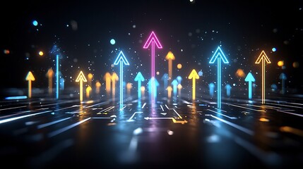 Leinwandbilder - Vibrant and Futuristic Beams of Light Shaped as Upward Arrows Glowing Brilliantly on a Jet Black Background Symbolizing the Concepts of Speed Precision and Dynamic Energy