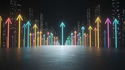 Fototapete - Sleek and Vibrant Light Beams in Multiple Vivid Colors Forming Arrows Aimed Upwards Against a Stylish Dark Background Conveying a Sense of Energy Speed and Modern Digital Aesthetic