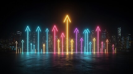 Poster - Elegant beams of vibrant colorful light soaring upwards in a captivating abstract and visually striking composition on a deep black background  This image evokes a sense of energy motion