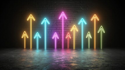 Fototapete - Elegant beams of vibrant multicolored light in the shape of arrows soaring upwards against a deep dark background creating a captivating futuristic and mesmerizing visual display
