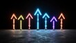 © NKCoolper - Glowing neon beams of light in the shape of upward facing arrows against a pure black background symbolizing speed energy and technological advancement