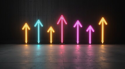 Leinwandbilder - Striking abstract design with neon colored beams of light forming upward pointing arrows against a dark background creating a dynamic and futuristic visual effect